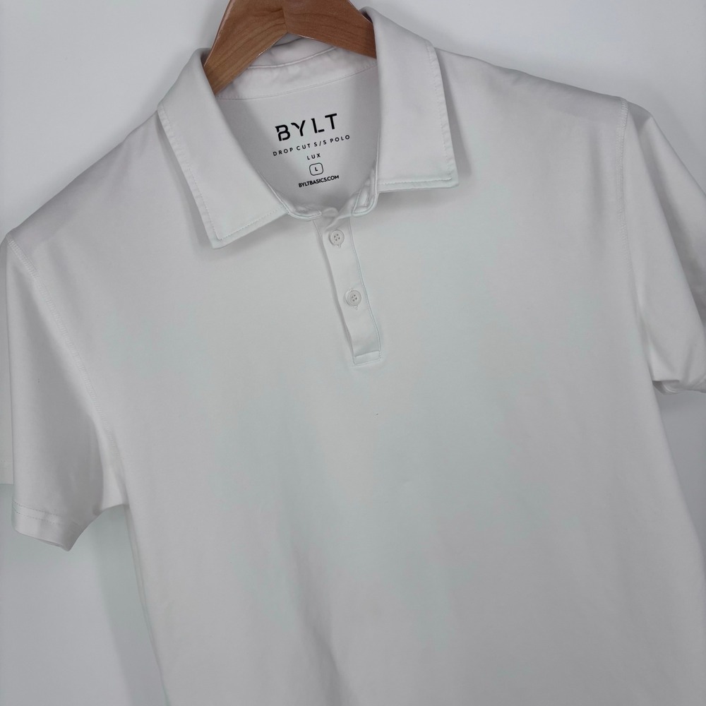 BYLT Basics LUX Drop Cut SS Polo Men Large White Short Sleeve Performance Shirt